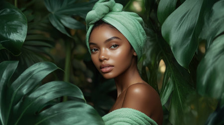 Create a serene home spa atmosphere with lush greenery and skincare routinesの素材