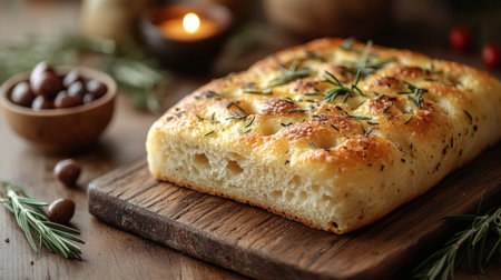 Freshly baked focaccia with rosemary on a wooden board surrounded by herbs and olives in a cozy kitchen setting. Generative AIの素材