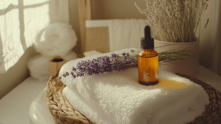 Eco-friendly beauty setup featuring lavender oil and plush towels in serene indoor settingの素材