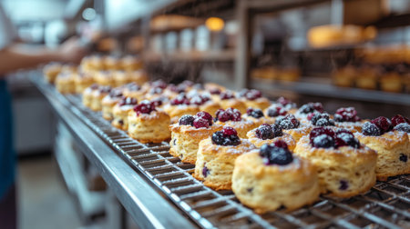 Freshly baked pastries with berries cooling on racks in a busy bakery kitchen during morning hours. Generative AIの素材