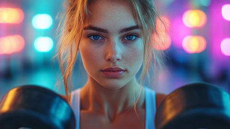 Focused young woman lifting weights in a colorful gym setting during a training session. Generative AIの素材