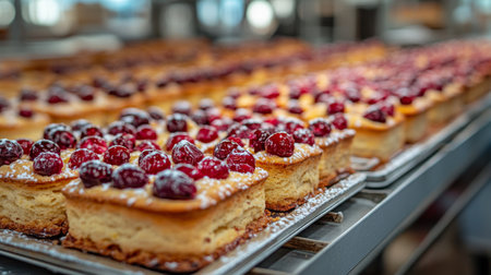 Display of freshly baked pastries topped with cherries in a busy bakery during the morning rush. Generative AIの素材