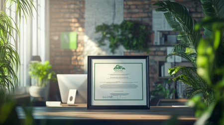 Certificate of achievement in sustainable finance displayed in a modern office environmentの素材