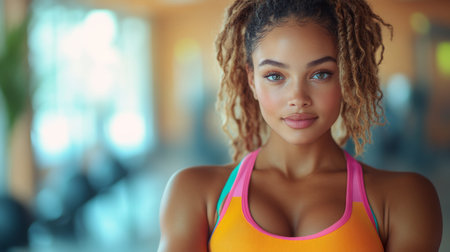 Young woman with beautiful curls in a colorful workout outfit poses confidently in a fitness center. Generative AIの素材