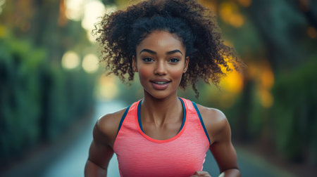 Young woman jogging in a vibrant park during sunset with a determined expression. Generative AIの素材
