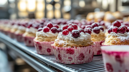 Freshly baked cupcakes with cranberries and cream on a cooling rack in a busy bakery during the morning rush. Generative AIの素材