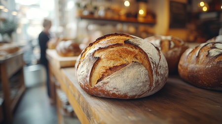 Freshly baked artisanal bread displayed on wooden counter in cozy bakery with warm lighting. Generative AIの素材