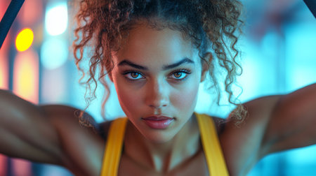 Strong and focused workout session in a vibrant gym environment during evening hours. Generative AIの素材