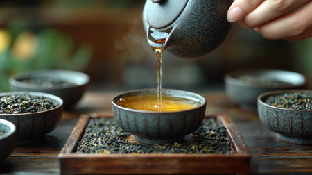 Delicate tea pouring from a teapot into a handcrafted cup in a serene setting filled with loose leaf tea. Generative AIの素材