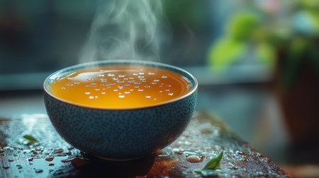 Warm cup of tea with steam rising, placed on a wooden table surrounded by greenery in a cozy indoor setting. Generative AIの素材
