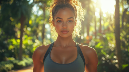 Young woman exercising in a lush forest during golden hour, showcasing vitality and determination in nature. Generative AIの素材