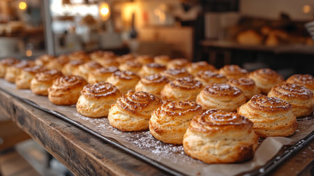 Freshly baked pastries lined up for sale in a cozy bakery displaying golden brown textures and powdered sugar. Generative AIの素材