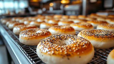 Freshly baked bagels cooling on racks in a bakery in the morning light. Generative AIの素材