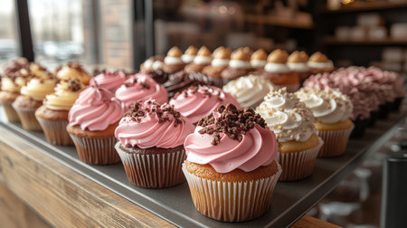 Delicious cupcakes displayed in a bakery featuring various flavors and colorful frosting in a cozy setting. Generative AIの素材
