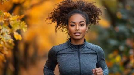 Fitness enthusiast runs through a colorful autumn forest on a sunny morning. Generative AIの素材