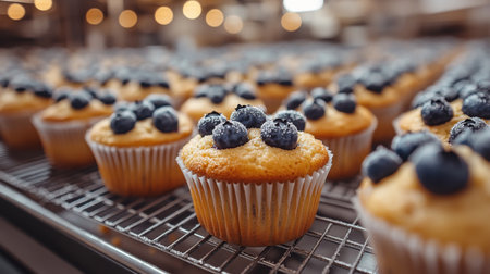 Freshly baked blueberry muffins cooling on a wire rack in a busy bakery during the morning rush. Generative AIの素材