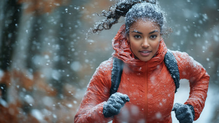 Young woman running through a snow-covered forest wearing a bright jacket during winter. Generative AIの素材