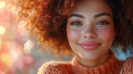 Smiling woman with curly hair and freckles enjoying a sunny day outdoors in an autumn sweater with colorful background. Generative AIの素材
