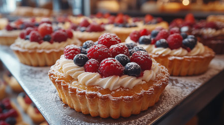 Delicious raspberry and blueberry tarts displayed in a bakery filled with fresh pastries and desserts. Generative AIの素材