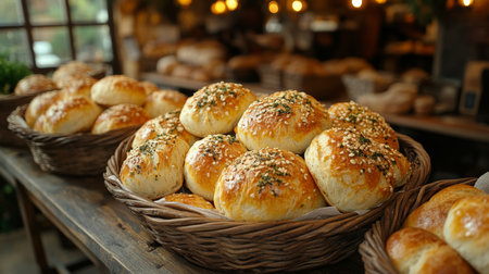 Freshly baked rolls in a cozy bakery setting showcasing warm lighting and rustic decor. Generative AIの素材