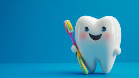 Cute dental character promoting oral hygiene with a toothbrush in a bright settingの素材