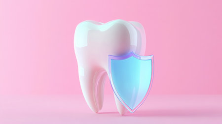 Protection concept for dental health with a shield and tooth against a pink backgroundの素材