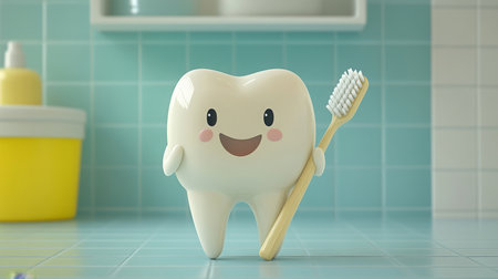 Smiling tooth character holding a toothbrush in a colorful dental clinic settingの素材