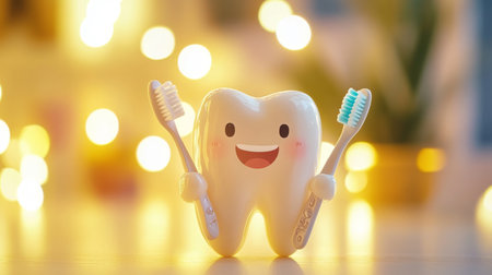 Happy dental character promoting oral hygiene with toothbrushes in a cheerful settingの素材