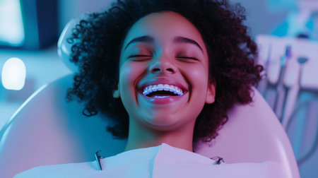 Young girl with braces smiles brightly during dental appointment at orthodontic clinicの素材