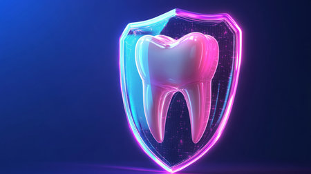 Digital representation of dental protection symbol with glowing tooth and shield designの素材