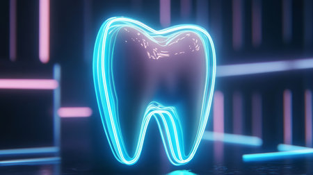 A vibrant, glowing tooth is depicted, showcasing advanced dental technologyの素材