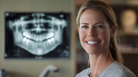 Dentist using AI technology to enhance patient experience in a modern dental clinicの素材