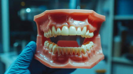 Dental model showcasing upper and lower teeth in a modern dental clinic environmentの素材