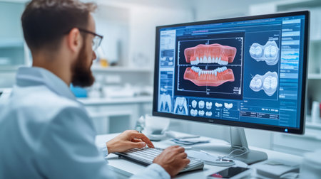 Digital dentistry professional analyzes 3D dental models in a modern clinic settingの素材