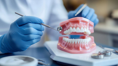 Exploring innovative techniques in digital dentistry with a dental model on a workstationの素材