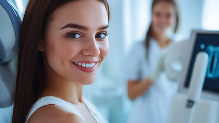 Smiling patient at a modern dental clinic during a routine check-up appointmentの素材