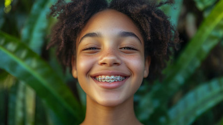 Smiling girl with braces enjoying a sunny day surrounded by lush green foliageの素材
