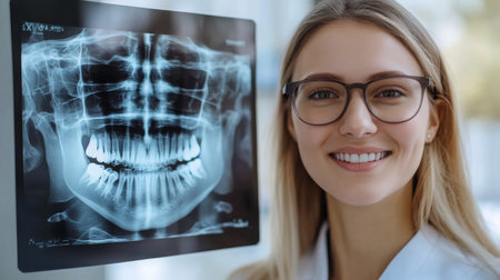 Innovative use of AI in dentistry shown by a smiling dentist beside a dental x-rayの素材