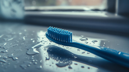 Close-up view of a blue toothbrush resting on a wet surface in a dental settingの素材