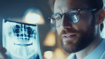 Dentist analyzing dental X-ray with modern technology in a clinic settingの素材