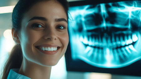 Smiling dentist showcases digital x-ray technology in modern dental clinicの素材