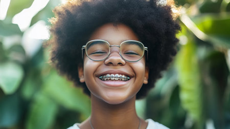 Young person with braces smiles brightly in a lush green settingの素材
