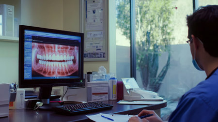 Dentist reviewing digital x-ray of teeth in a modern office setting during daytime hoursの素材