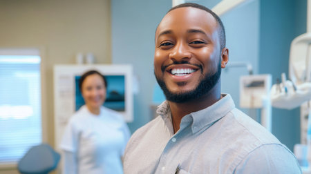 Smiling patient in modern dental office during routine check-up with dental assistantの素材