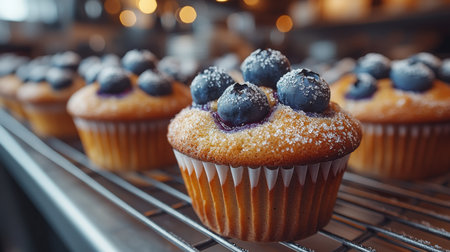 Freshly baked blueberry muffins cooling on a wire rack in a cozy kitchen setting. Generative AIの素材