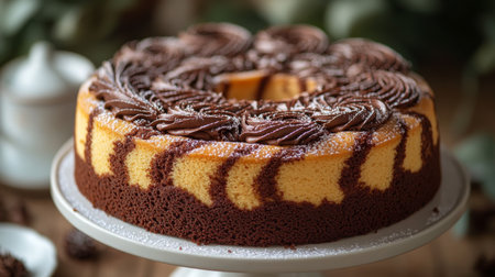 Moist chocolate and vanilla cake decorated with creamy frosting on a rustic wooden table. Generative AIの素材