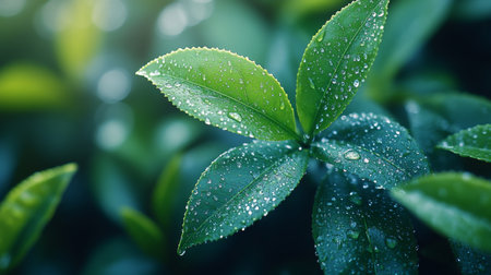 Close-up view of vibrant green leaves with water droplets highlighting natures beauty in early morning light. Generative AIの素材