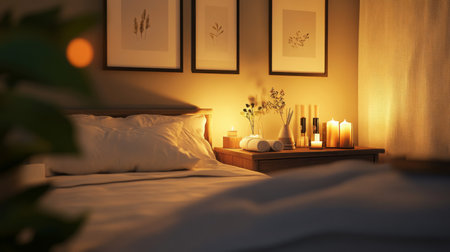 Relaxing multisensory bedroom setup with ambient lighting and aromatherapy elementsの素材