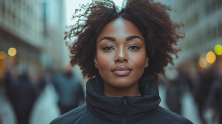 Young woman with curly hair confidently standing in a bustling urban street during early evening hours. Generative AIの素材