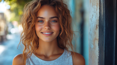 Young woman with curly hair smiles while standing in a sunlit alley during a warm afternoon. Generative AIの素材